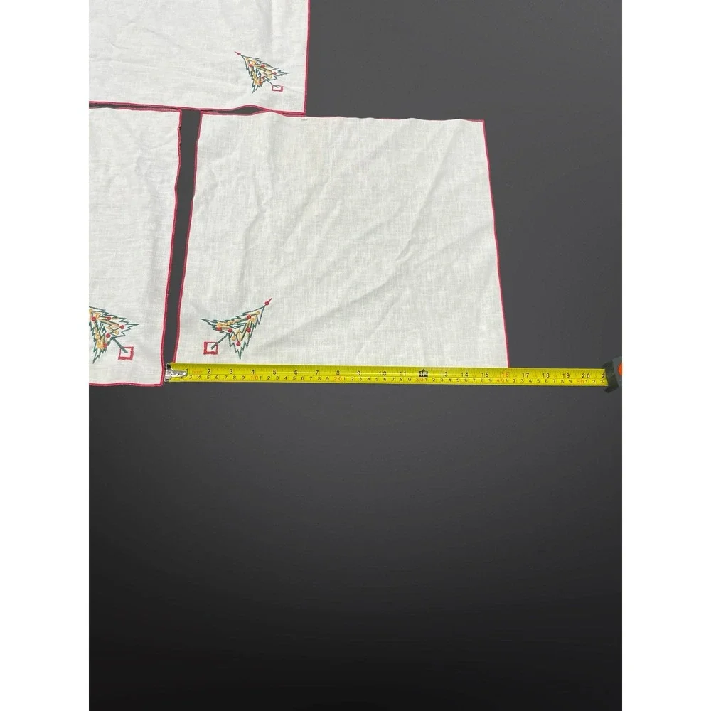 Vintage Christmas Embroidered Napkins Set of 3 Cotton Linen Red Trim MCM